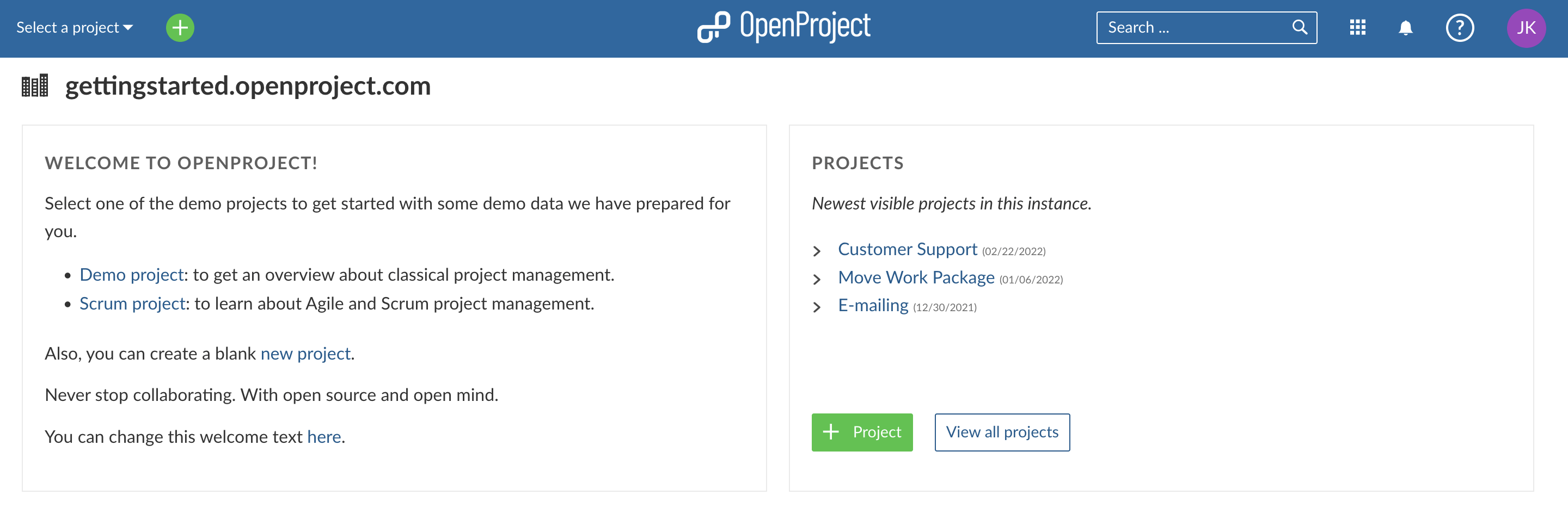 openproject landing page