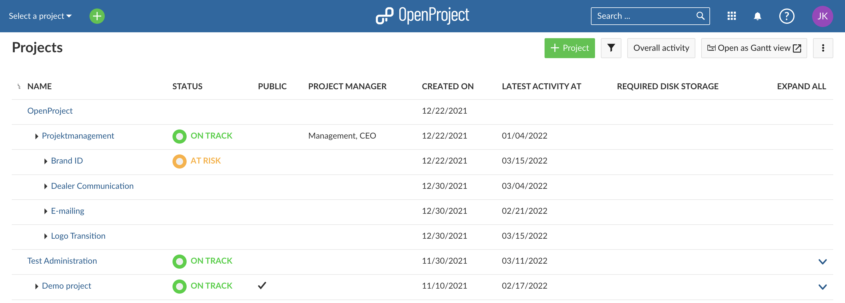 project overview list