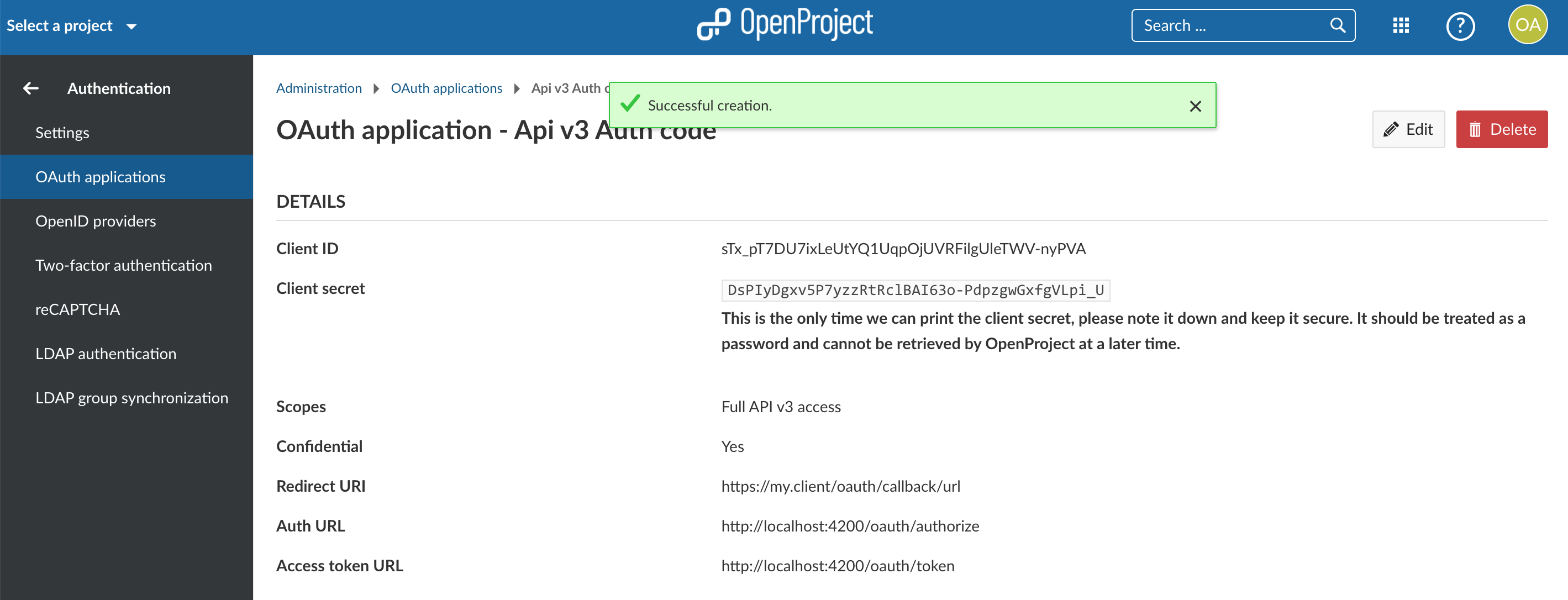 OAuth2 created