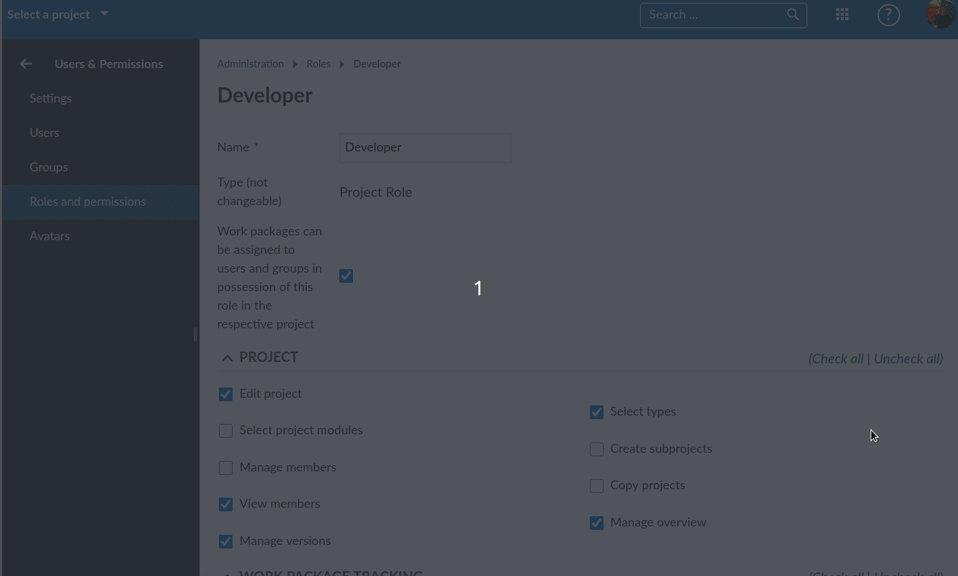 Overview of available permissions in a regular role