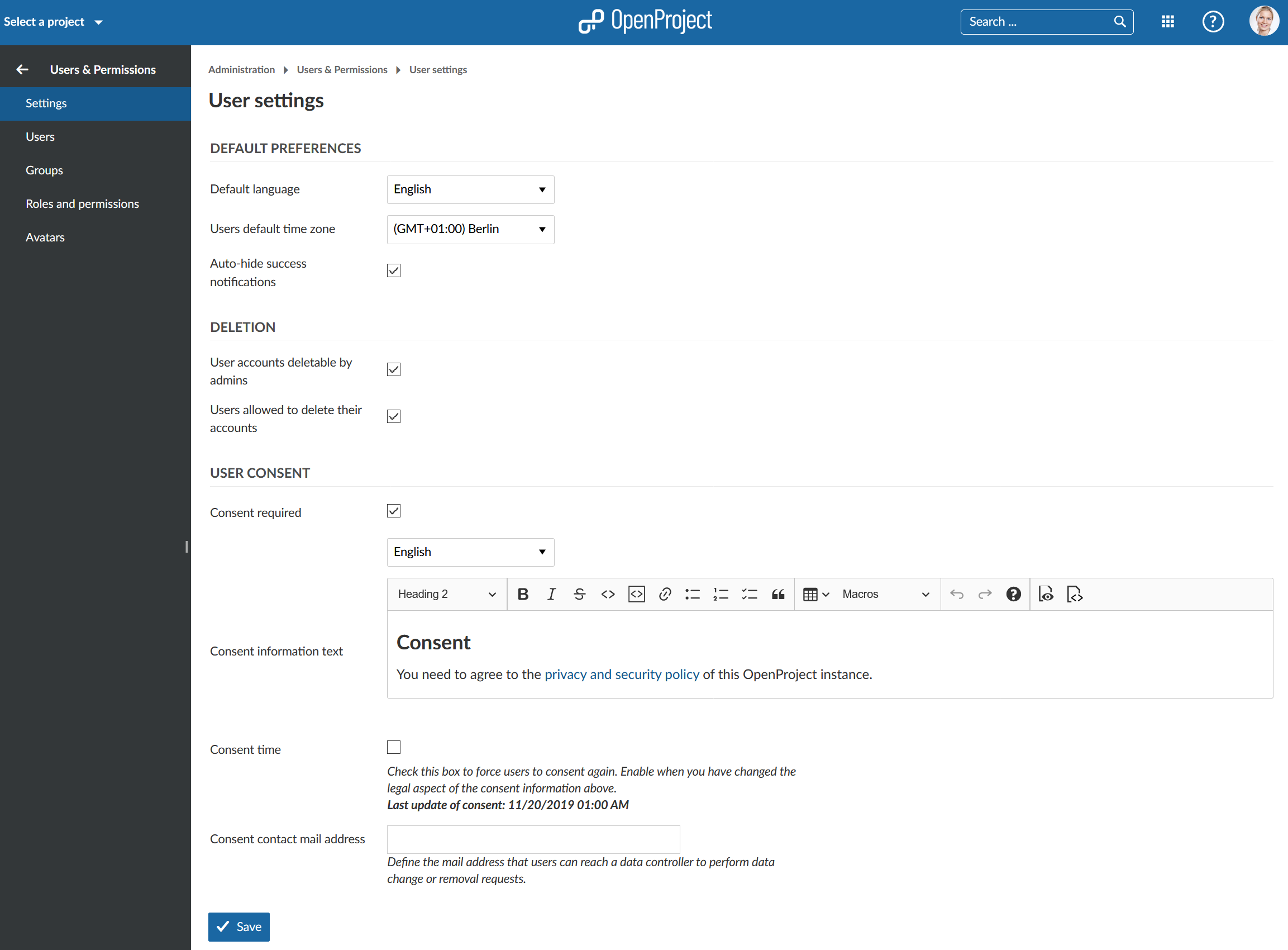 user and permissions settings