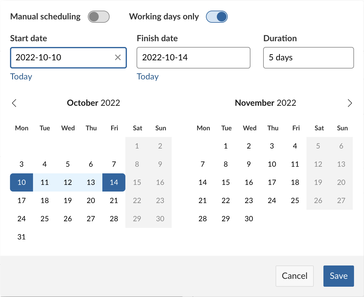 A duration of 5 days automatically derived from the start and finish dates