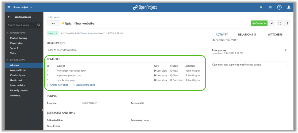 Embedded work packagetable