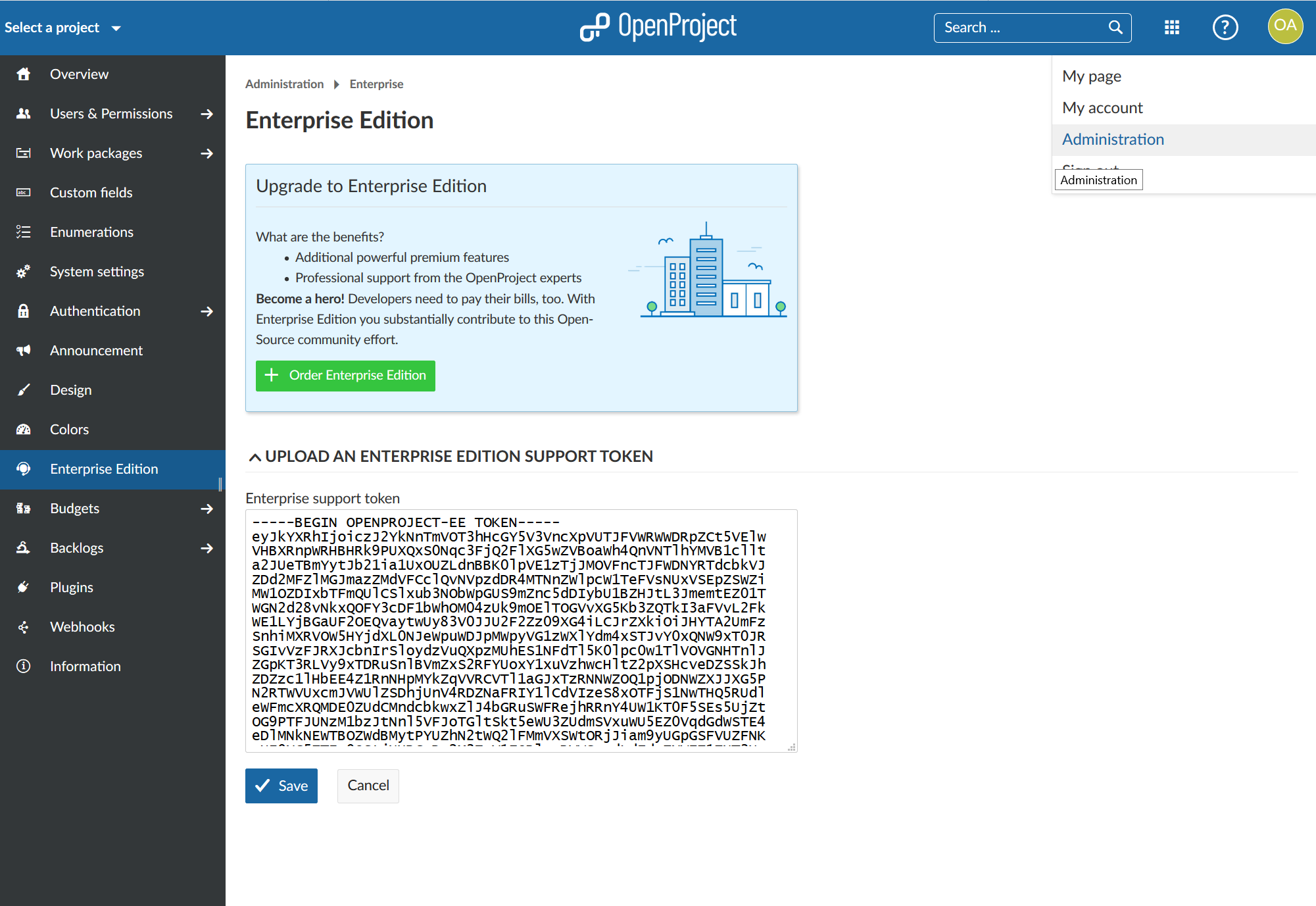 Insert Enterprise on-premises token