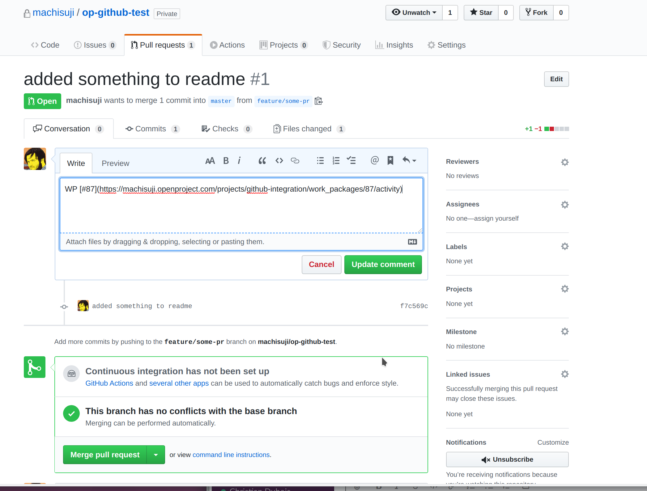 New pull request linking to an OpenProject work package